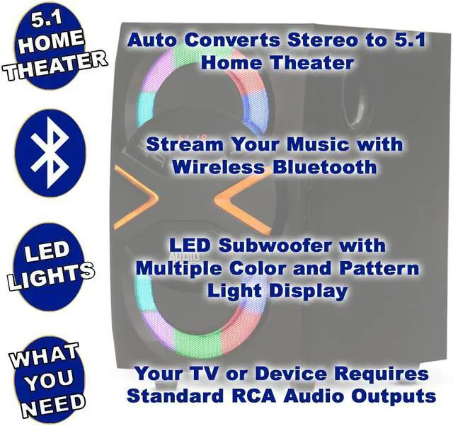 Alt view image 2 of 20 - Acoustic Audio AA5210 Home Theater 5.1 Speaker System with Bluetooth USB and LED Lights