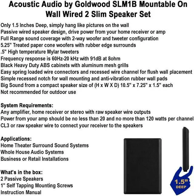 Alt view image 7 of 7 - Acoustic Audio SLM1B Mountable On Wall Slim Speakers Home Theater Wired Pair Pack
