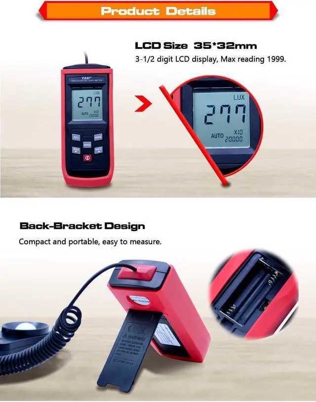 Alt view image 4 of 6 - TASI TA8133 200,000Lux Digital LCD Pocket Light Meter,tachometer luxmeter Lux/FC Measure Tester tachometer luxmeter