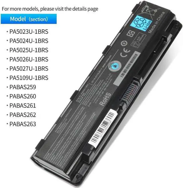 Alt view image 6 of 6 - 10.8V 48Wh 6-Cell Li-ion Battery for Toshiba Satellite C840 C845 C850 C855 C870 C875 L850 L855 Replaces PA5025-1BRS PABAS261 PA5024U-1BRS PA5026U-1BRS PA5023U-1BRS