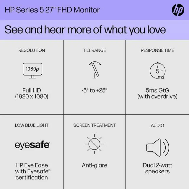 Alt view image 6 of 7 - HP Series 5 527sa Monitor w/Speakers 94F48AA#ABA Bundle with Docztorm Dock, 27" FHD IPS (1920x1080) Display, 2x HDMI, Flicker-free, Ideal for Home & Business, White/Silver (2024 Latest Model) (2 Pack)