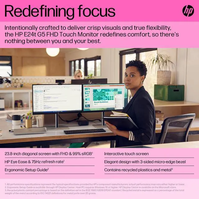 Alt view image 3 of 7 - HP E24t G5 6N6E6AA#ABA 24" Touchscreen Monitor: 75Hz Refresh Rate, 5 ms response time, Full HD (1920x1080) IPS, Anti-glare Screen, VESA Compatible- Ideal for Home & Business Use