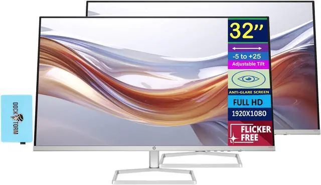 Main image of HP 32" FHD VA (1920x1080) Monitor Bundle with Docztorm Dock, 100Hz Refresh Rate, Anti-Glare, Flicker-Free, 2 x HDMI 1.4, 1 x VGA, Ideal for Home & Business, Black (2024 Latest Model) (2 Pack)