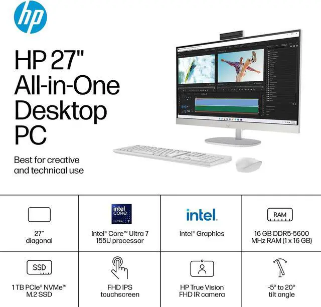 Alt view image 7 of 7 - HP All-in-One 27 AI Powered All-in-One 27" Touchscreen IPS FHD Display (Intel Core Ultra 7 155U, 16GB DDR5, 1TB SSD, Intel Graphics, WiFi 6, Webcam, Bluetooth 5.3, Win 11 Home)