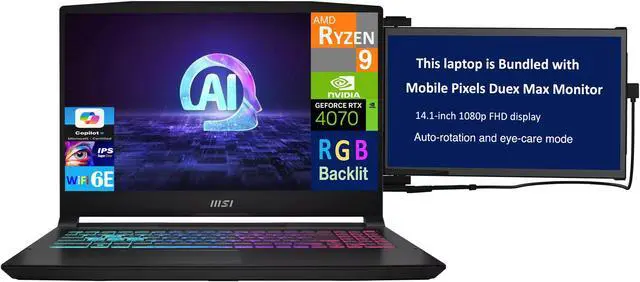 Main image of MSI Katana A15 AI B8VG-423US AI Gaming Laptop 15.6" 144Hz IPS FHD Display (AMD Ryzen 9 8945HS, GeForce RTX 4070 8GB, 16GB DDR5, 1TB SSD, RGB KB, WiFi 6E, Webcam, Win 11 Home) w/Duex Max DS Monitor