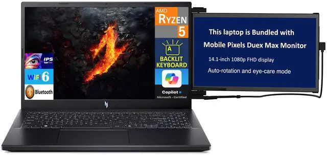 Main image of Acer Nitro V Gaming Laptop 15.6" 144Hz IPS FHD Display (AMD Ryzen 5 7535HS, GeForce RTX 4050 6GB, 16GB DDR5, 512GB SSD, Backlit KB, WiFi 6, HD Webcam, Bluetooth, Win 11 Home) w/Duex Max DS Monitor