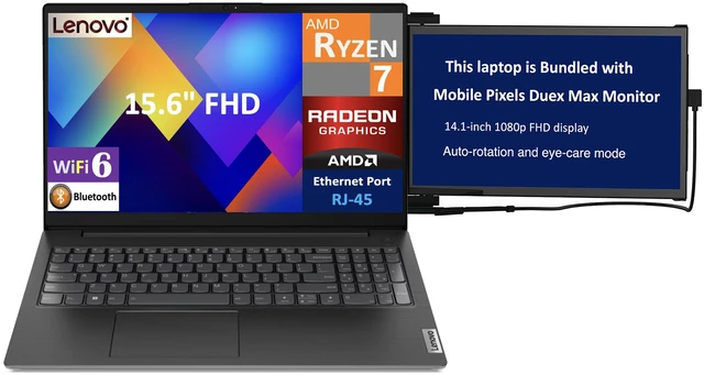 Main image of Lenovo V15 Laptop 15.6" FHD Display (AMD Ryzen 7 7730U, 16GB DDR4, 8TB PCIe SSD, AMD Radeon, WiFi 6, Webcam, Bluetooth 5.2, Win 11 Pro) w/Duex Max DS Monitor