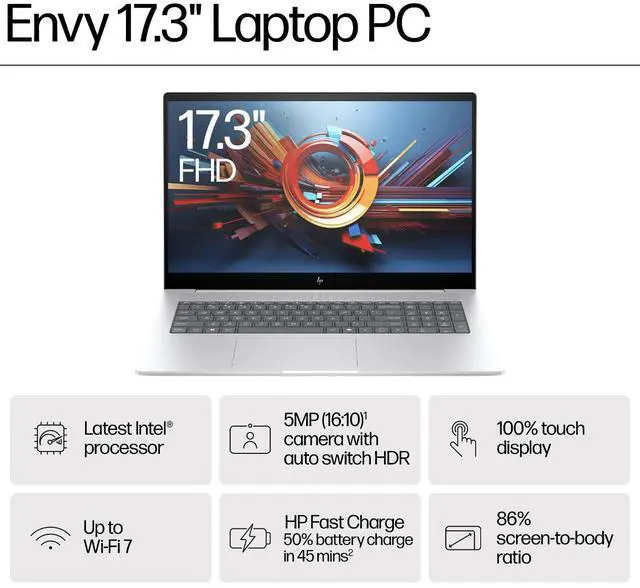 Alt view image 4 of 7 - HP Envy AI Powered Laptop 17.3" Touchscreen IPS FHD Display (Intel Ultra 7-155H, 64GB DDR5, 4TB PCIe SSD, Intel Arc, Backlit KB, Thunderbolt 4, WiFi 7, Webcam, Bluetooth 5.4, Win 11 Home)