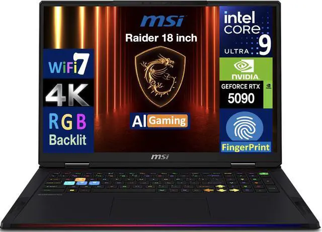 Main image of MSI Raider AI Gaming Laptop 18" 120Hz Mini LED 4K Display (Intel Ultra 9- 285HX, NVIDIA GeForce RTX 5090 24GB, 64GB DDR5, 2x4TB PCIe SSD (8TB), RGB KB, Fingerprint, 2 Thunderbolt 5, Win 11 Pro)