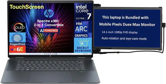 Main image of HP Spectre x360 AI Powered 2-in-1 Laptop 16.0" Touchscreen OLED 2.8K Display (Intel Ultra 7-155H, 32GB LPDDR5X, 512GB SSD, Backlit KB, Fingerprint, 2 Thunderbolt 4, Win 11 Home) w/Duex Max DS Monitor