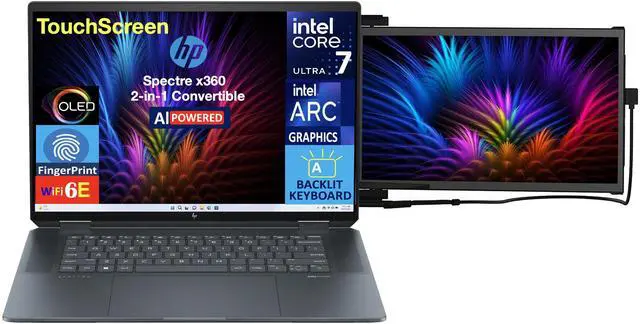 Alt view image 3 of 7 - HP Spectre x360 AI Powered 2-in-1 Laptop 16.0" Touchscreen OLED 2.8K Display (Intel Ultra 7-155H, 32GB LPDDR5X, 512GB SSD, Backlit KB, Fingerprint, 2 Thunderbolt 4, Win 11 Home) w/Duex Max DS Monitor