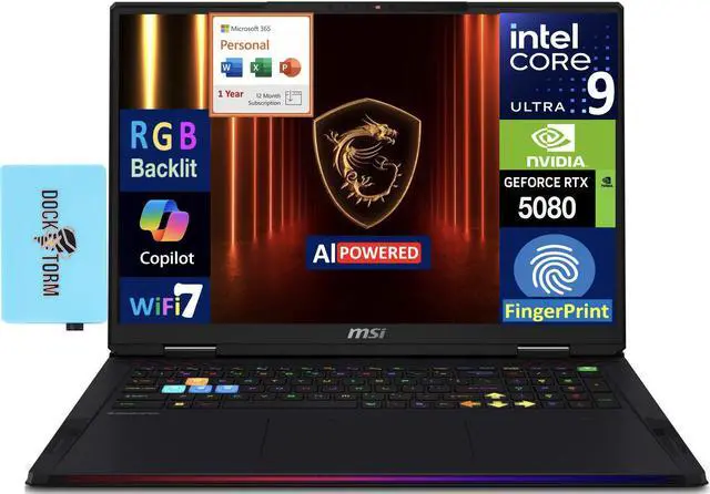 Main image of MSI Raider AI Gaming Laptop 18" 120Hz Mini LED 4K Display (Intel Ultra 9- 285HX, NVIDIA GeForce RTX 5080 16GB, 64GB DDR5, 2x 2TB SSD, Win 11 Home) w/Microsoft 365 Personal , DKZ USB Port Expander