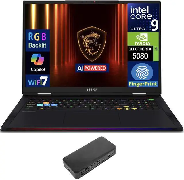 Main image of MSI Raider AI Gaming Laptop 18" 120Hz Mini LED 4K Display (Intel Ultra 9- 285HX, NVIDIA GeForce RTX 5080 16GB, 64GB DDR5, 2x 2TB SSD, Backlit KB, Fingerprint, Win 11 Home) w/USB-C Dock