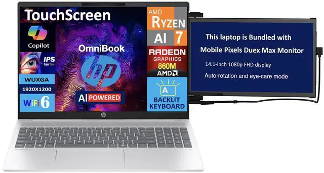 Main image of HP OmniBook 5 AI Powered Laptop 16.0" Touchscreen IPS WUXGA Display (AMD Ryzen AI 7 350, 32GB LPDDR5X, 1TB SSD, AMD Radeon 860M, Backlit KB, WiFi 6, Webcam, Win 11 Home) w/Duex Max DS Monitor