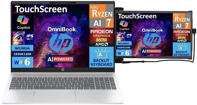 Alt view image 3 of 7 - HP OmniBook 5 AI Powered Laptop 16.0" Touchscreen IPS WUXGA Display (AMD Ryzen AI 7 350, 32GB LPDDR5X, 1TB SSD, AMD Radeon 860M, Backlit KB, WiFi 6, Webcam, Win 11 Home) w/Duex Max DS Monitor