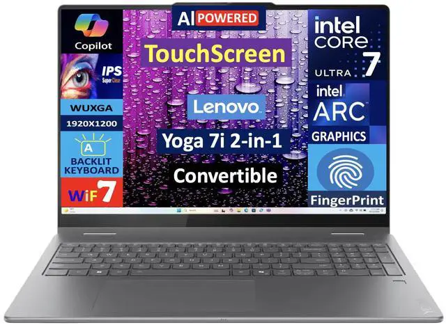 Main image of Lenovo Yoga 7i 2-in-1 AI PC 2-in-1 Laptop 16.0" Touchscreen IPS WUXGA Display (Intel Ultra 7-256V, 16GB LPDDR5X, 1TB SSD, Backlit KB, Fingerprint, 2 Thunderbolt 4, WiFi 7, Webcam, Win 11 Home)