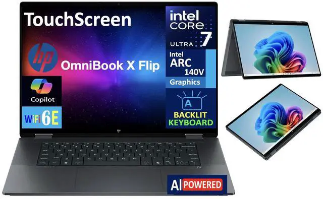 Main image of HP OmniBook X Flip 2-in-1 AI Powered 2-in-1 Laptop 16.0" Touchscreen IPS WUXGA Display (Intel Ultra 7-256V, 16GB LPDDR5X, 8TB PCIe SSD, Backlit KB, Thunderbolt 4, WiFi 6E, Webcam, Win 11 Pro)