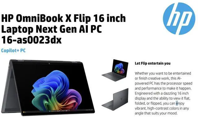 Alt view image 4 of 7 - HP OmniBook X Flip 2-in-1 AI Powered 2-in-1 Laptop 16.0" Touchscreen IPS WUXGA Display (Intel Ultra 7-256V, 16GB LPDDR5X, 1TB SSD, Backlit KB, Thunderbolt 4, Win 11 Home) w/Duex Max DS Monitor