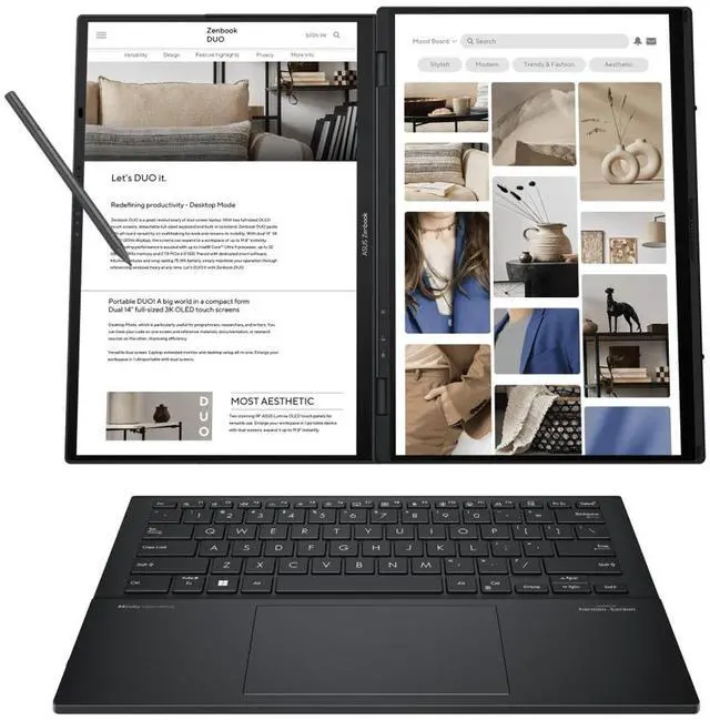 Alt view image 2 of 7 - ASUS Zenbook Duo AI Powered 2-in-1 Laptop 14.0" Touchscreen OLED 2.8K Display (Intel Ultra 9-285H, 32GB LPDDR5X, 1TB SSD, Active Pen, Backlit KB, 2 Thunderbolt 4, WiFi 7, Webcam, Win 11 Home)