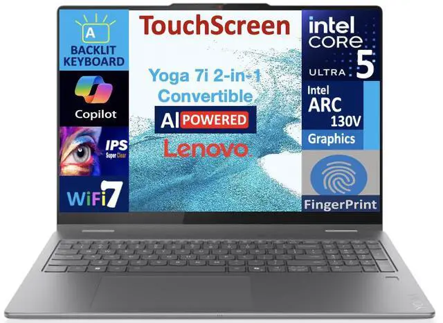 Main image of Lenovo Yoga AI Powered 2-in-1 Laptop 16.0" Touchscreen IPS WUXGA Display (Intel Ultra 5-226v, 16GB LPDDR5X, 512GB SSD, Backlit KB, Fingerprint, 2 Thunderbolt 4, WiFi 7, Webcam, Win 11 Home)