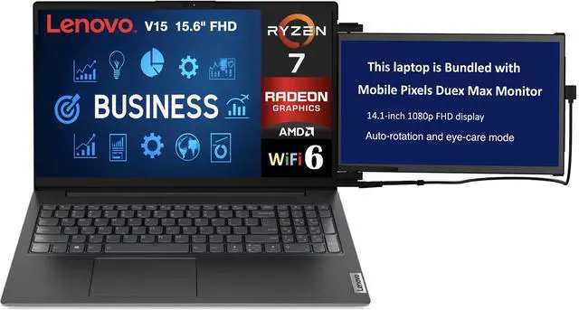 Main image of Lenovo V15 Business Laptop 15.6" FHD Display (AMD Ryzen 7 7730U, 8GB DDR4, 256GB SSD, AMD Radeon, WiFi 6, Webcam, Bluetooth 5.2, No OS) w/Duex Max DS Monitor