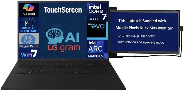 Main image of LG gram AI Powered Laptop 17.0" Touchscreen LCD WQXGA Display (Intel Ultra 7-258V, 32GB LPDDR5X, 1TB SSD, Intel Arc, Backlit KB, Fingerprint, 2 Thunderbolt 4, Win 11 Home) w/Duex Max DS Monitor