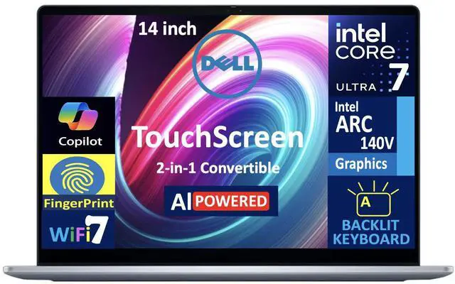 Main image of Dell 14 AI Business 2-in-1 Laptop 14.0" Touchscreen LCD WUXGA Display (Intel Ultra 7-256V, 16GB LPDDR5X, 1TB SSD, Backlit KB, Fingerprint, Thunderbolt 4, WiFi 7, Webcam, Bluetooth 5.4, Win 11 Home)
