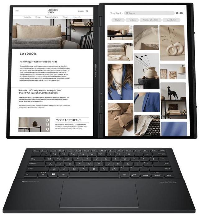 Alt view image 3 of 7 - ASUS Zenbook Duo AI Powered 2-in-1 Laptop 14.0" Touchscreen OLED 2.8K Display (Intel Ultra 7-255H, 32GB LPDDR5X, 1TB PCIe SSD, Backlit KB, 2 Thunderbolt 4, WiFi 7, Webcam, Bluetooth 5.4, Win 11 Pro)