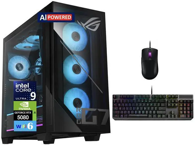 Main image of ASUS ROG G700 AI PC Desktop PC (Intel Ultra 9- 285K, NVIDIA GeForce RTX 5080 16GB GDDR7, 32GB DDR5, 2x 1TB SSD, RGB Fans, 240mm AIO, 850W PSU, WiFi 6, Bluetooth 5.2, RJ-45, 3 Display Port, Win 11 Pro)