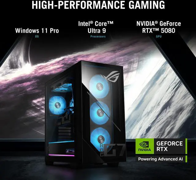 Alt view image 2 of 7 - ASUS ROG G700 AI PC Desktop PC (Intel Ultra 9- 285K, NVIDIA GeForce RTX 5080 16GB GDDR7, 32GB DDR5, 2x 1TB SSD, RGB Fans, 240mm AIO, 850W PSU, WiFi 6, Bluetooth 5.2, RJ-45, 3 Display Port, Win 11 Pro)