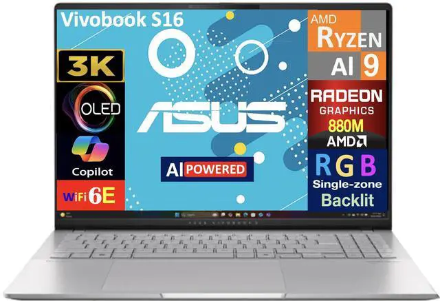 Main image of ASUS Vivobook S16 AI Powered Laptop 16.0" OLED 3.2K Display (AMD Ryzen AI 9 365, 32GB LPDDR5X, 2TB PCIe SSD, AMD Radeon 880M, RGB KB, WiFi 6E, Webcam, Bluetooth 5.4, Win 11 Home)