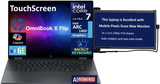 Main image of HP OmniBook X Flip 2-in-1 AI Powered 2-in-1 Laptop 16.0" Touchscreen IPS WUXGA Display (Intel Ultra 7-256V, 16GB LPDDR5X, 1TB SSD, Backlit KB, Thunderbolt 4, Win 11 Home) w/Duex Max DS Monitor