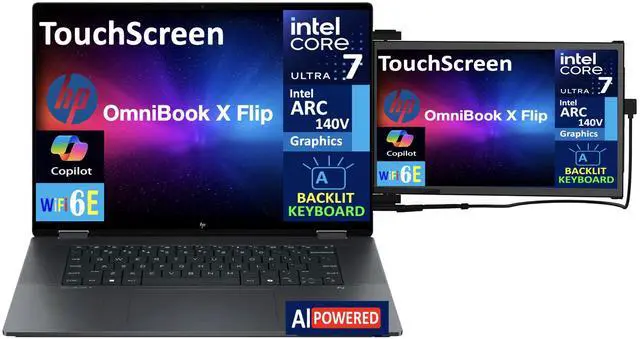 Alt view image 3 of 7 - HP OmniBook X Flip 2-in-1 AI Powered 2-in-1 Laptop 16.0" Touchscreen IPS WUXGA Display (Intel Ultra 7-256V, 16GB LPDDR5X, 1TB SSD, Backlit KB, Thunderbolt 4, Win 11 Home) w/Duex Max DS Monitor