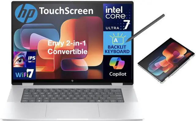 Main image of HP Envy x360 AI Powered 2-in-1 Laptop 16.0" Touchscreen IPS WUXGA Display (Intel Core Ultra 7 155U, 32GB LPDDR5, 512GB PCIe SSD, Active Pen, Backlit KB, Thunderbolt 4, WiFi 7, Webcam, Win 11 Pro)