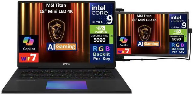 Alt view image 3 of 7 - MSI Titan AI Gaming Laptop 18" 120Hz Mini LED 4K Display (Intel Ultra 9- 285HX, NVIDIA GeForce RTX 5090 24GB, 64GB DDR5, 2x4TB PCIe SSD (8TB), Per Key RGB KB, Win 11 Pro) w/Duex Max DS Monitor