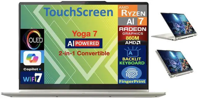 Main image of Lenovo Yoga 7 AI Powered 2-in-1 Laptop 14.0" Touchscreen OLED WUXGA Display (AMD Ryzen AI 7 350, 16GB LPDDR5X, 1TB SSD, Backlit KB, Fingerprint, WiFi 7, Webcam, Bluetooth 5.4, Win 11 Home)