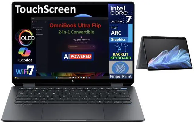 Main image of HP OmniBook Ultra Flip AI Powered 2-in-1 Laptop 14.0" Touchscreen OLED 2.8K Display (Intel Ultra 7-256V, 16GB LPDDR5X, 1TB SSD, Backlit KB, Fingerprint, 2 Thunderbolt 4, WiFi 7, Webcam, Win 11 Home)