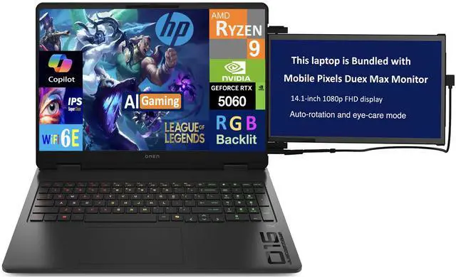 Main image of HP OMEN AI Gaming Laptop 16.0" 144Hz IPS WUXGA Display (AMD Ryzen 9 8940HX, NVIDIA GeForce RTX 5060 8GB, 32GB DDR5, 1TB SSD, 3-Zone RGB KB, WiFi 6E, Webcam, Win 11 Home) w/Duex Max DS Monitor
