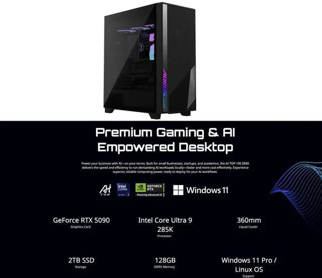 Alt view image 3 of 7 - Gigabyte AI TOP 100 Z890 PC Workstation (Intel Ultra 9- 285K, GeForce RTX 5090 32GB, 128GB DDR5, Dual Storage 2TB   320 GB SSD, 2 Thunderbolt 5, WiFi 7, Bluetooth 5.4, Win 11 Pro)