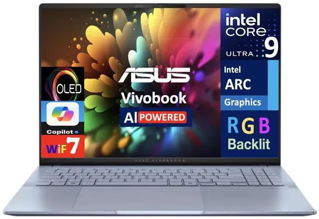 Main image of ASUS Vivobook AI Business Laptop 16.0" OLED 2.8K Display (Intel Ultra 9-285H, 32GB LPDDR5X, 1TB SSD, Intel Arc, RGB KB, 2 Thunderbolt 4, WiFi 7, Webcam, Bluetooth 5.4, Win 11 Home)