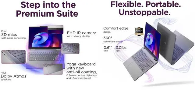 Alt view image 3 of 7 - Lenovo Yoga AI PC 2-in-1 Laptop 14.0" Touchscreen OLED WUXGA Display (Intel Ultra 7-256V, 16GB LPDDR5X, 1TB SSD, Backlit KB, Fingerprint, 2 Thunderbolt 4, WiFi 7, Webcam, Bluetooth 5.4, Win 11 Home)