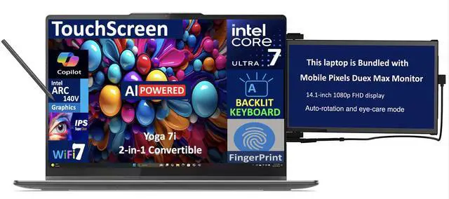 Main image of Lenovo Yoga 7i AI PC 2-in-1 Laptop 16.0" Touchscreen IPS WUXGA Display (Intel Ultra 7-256V, 16GB LPDDR5X, 1TB SSD, Active Pen, Backlit KB, Fingerprint, Win 11 Pro) w/Duex Max DS Monitor