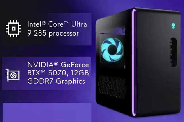 Alt view image 3 of 7 - Alienware Aurora AI Gaming Desktop PC (Intel Ultra 9-285, GeForce RTX 5070 12GB GDDR7, 64GB DDR5, 1TB PCIe SSD + 3TB HDD, 240mm AIO, 1000W PSU, WiFi 7, Bluetooth 5.4, RJ-45, Win 11 Pro)