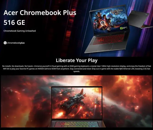 Alt view image 2 of 7 - Acer Chromebook Plus AI Gaming Laptop 16.0" 120Hz IPS WQXGA Display (Intel Core 5 120U, Intel Graphics, 8GB LPDDR4X, 256GB SSD, Backlit KB, WiFi 6E, Webcam, Bluetooth 5.3, Chrome OS)
