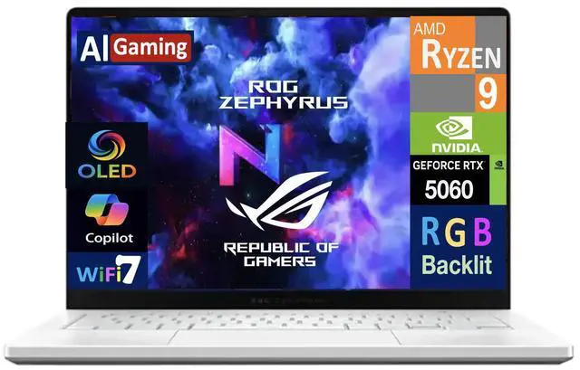 Main image of ASUS ROG Zephyrus AI Gaming Laptop 14.0" 120Hz OLED 2.8K Display (AMD Ryzen 9 270, NVIDIA GeForce RTX 5060 8GB, 16GB LPDDR5X, 1TB SSD, RGB KB, WiFi 7, Webcam, Bluetooth 5.4, Win 11 Home)