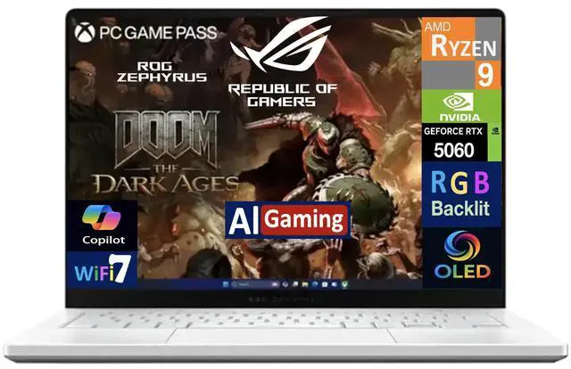 Alt view image 2 of 7 - ASUS ROG Zephyrus AI Gaming Laptop 14.0" 120Hz OLED 2.8K Display (AMD Ryzen 9 270, NVIDIA GeForce RTX 5060 8GB, 16GB LPDDR5X, 1TB SSD, RGB KB, WiFi 7, Webcam, Bluetooth 5.4, Win 11 Home)