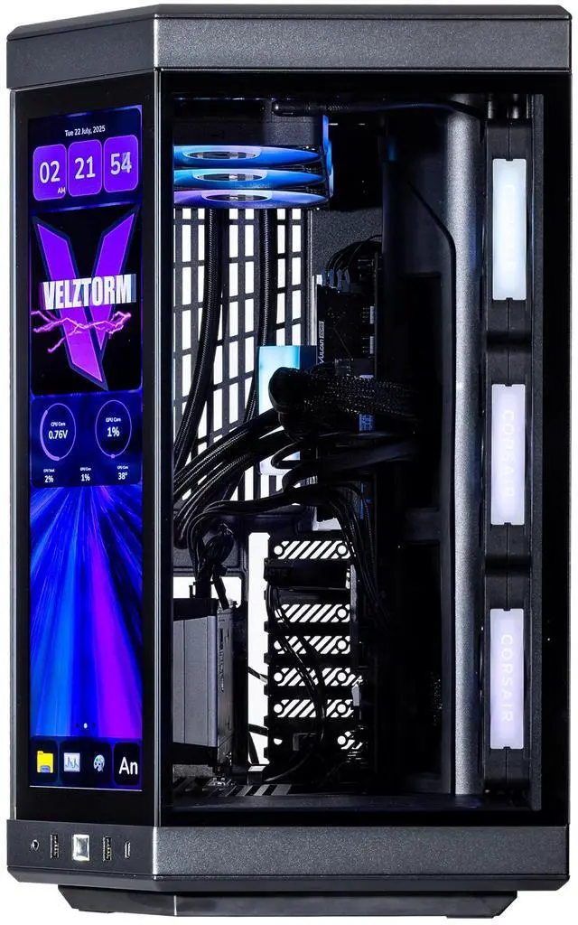 Alt view image 6 of 7 - Velztorm LCD Black Praetix Custom Built Gaming Desktop PC (Intel i9-14900K, AMD Radeon RX 9060 XT, 32GB DDR5, 2TB PCIe SSD, RGB Fans, 360mm AIO, 1000W PSU, WiFi 6E, Bluetooth 5.2, RJ-45, Win 11 Pro)