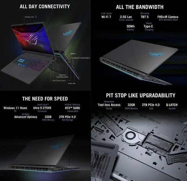 Alt view image 5 of 7 - ASUS ROG Strix AI Gaming Laptop 18" 240Hz IPS WQXGA Display (Intel Ultra 9- 275HX, GeForce RTX 5080 16GB, 64GB DDR5, 8TB PCIe SSD, RGB KB, 2 Thunderbolt 5, WiFi 7, Webcam, Bluetooth 5.4, Win 11 Home)