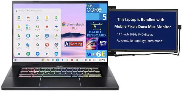 Main image of Acer Chromebook Plus AI Gaming Laptop 16.0" 120Hz IPS WQXGA Display (Intel Core 5 120U, Intel Graphics, 8GB LPDDR4X, 256GB SSD, Backlit KB, WiFi 6E, Webcam, Chrome OS) w/Duex Max DS Monitor