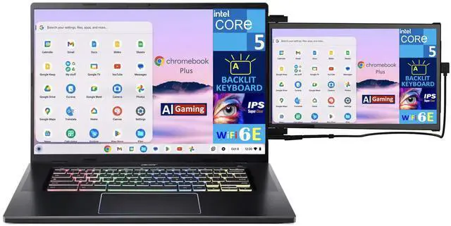 Alt view image 3 of 7 - Acer Chromebook Plus AI Gaming Laptop 16.0" 120Hz IPS WQXGA Display (Intel Core 5 120U, Intel Graphics, 8GB LPDDR4X, 256GB SSD, Backlit KB, WiFi 6E, Webcam, Chrome OS) w/Duex Max DS Monitor